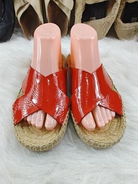 Tory Burch Red Metallic Bima Espadrille Slide Sandals Logo Flats Women’s Size 7M